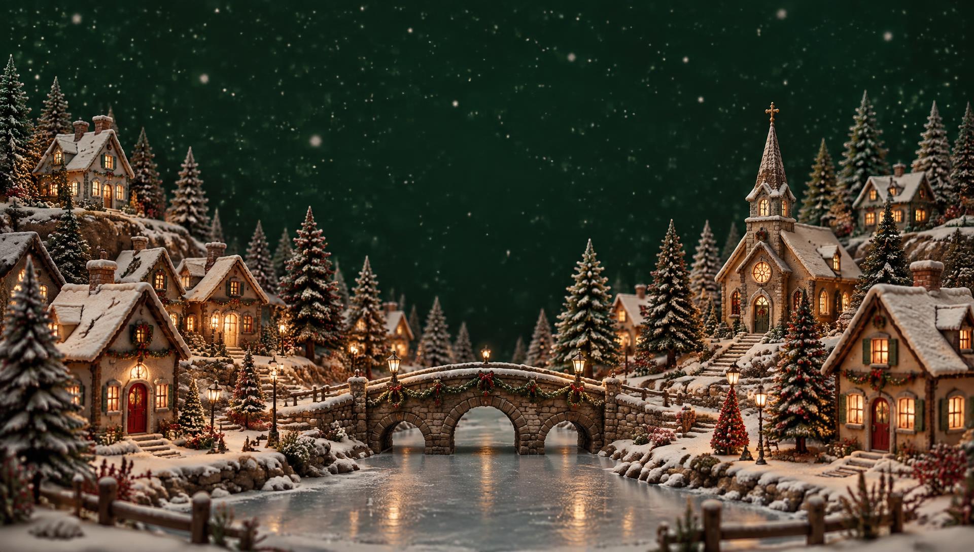 A glowing snowy Christmas village at night
